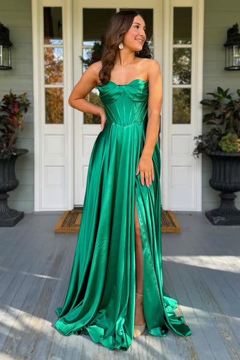 Dark Green A Line Strapless Corset Long Prom Dress with Slit