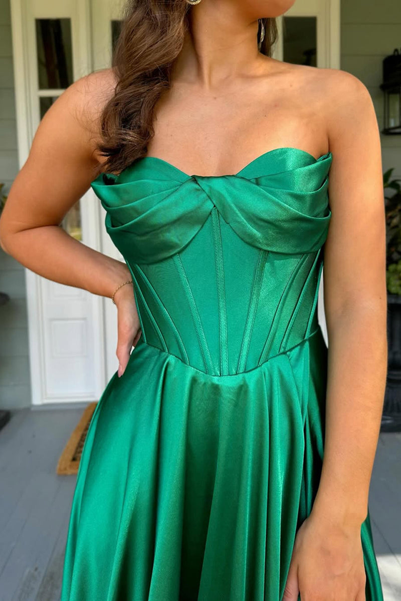 Load image into Gallery viewer, Dark Green A Line Strapless Corset Long Prom Dress with Slit