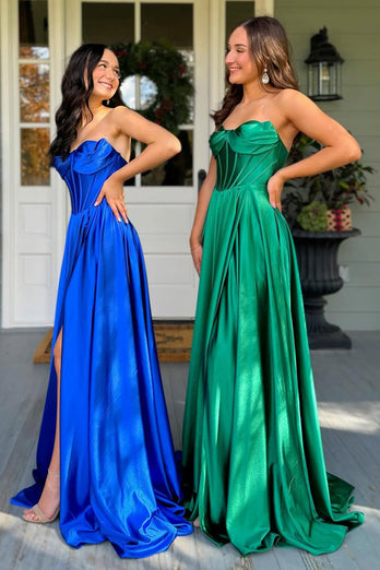 Dark Green A Line Strapless Corset Long Prom Dress with Slit