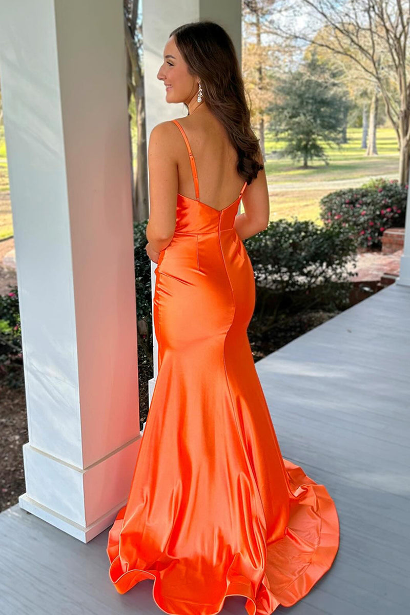 Load image into Gallery viewer, Orange Spaghetti Straps Ruched Mermaid Long Prom Dress