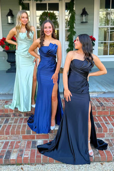 Green Strapless Mermaid Satin Long Prom Dress with Slit