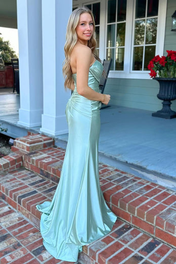 Green Strapless Mermaid Satin Long Prom Dress with Slit