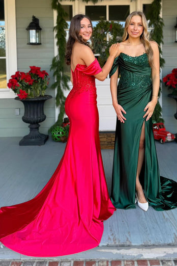 Red Corset Appliqued Sparkly Long Prom Dress with Slit