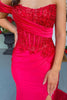 Load image into Gallery viewer, Red Corset Appliqued Sparkly Long Prom Dress with Slit