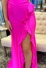 Load image into Gallery viewer, Fuchsia Spaghetti Straps Satin Corset Long Prom Dress with Slit