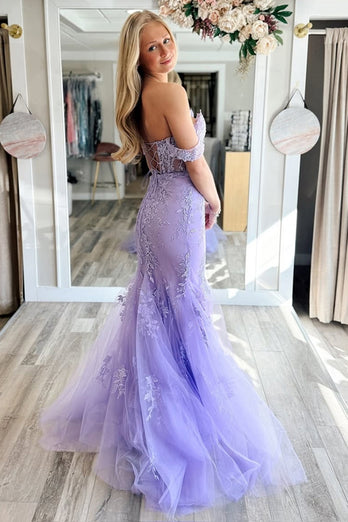 Lilac Off the Shoulder Mermaid Long Dress with Lace Appliques