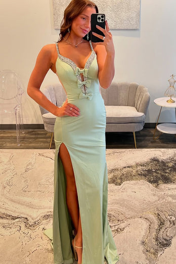 Light Green Spaghetti Straps V-Neck Backless Long Prom Dress with Slit