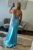 Load image into Gallery viewer, Light Blue Spaghetti Straps Sparkly Corset Long Prom Dress with Slit