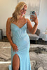 Load image into Gallery viewer, Light Blue Spaghetti Straps Sparkly Corset Long Prom Dress with Slit