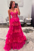 Load image into Gallery viewer, Fuchsia Spaghetti Straps Sparkly Tiered Long Prom Dress with Slit