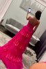 Load image into Gallery viewer, Fuchsia Spaghetti Straps Sparkly Tiered Long Prom Dress with Slit