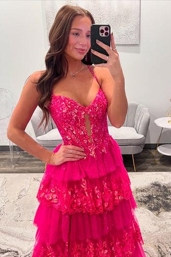 Fuchsia Spaghetti Straps Sparkly Tiered Long Prom Dress with Slit