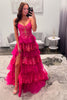 Load image into Gallery viewer, Fuchsia Spaghetti Straps Sparkly Tiered Long Prom Dress with Slit