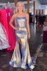 Load image into Gallery viewer, Blue Golden Strapless Metallic Mermaid Long Prom Dress with Slit