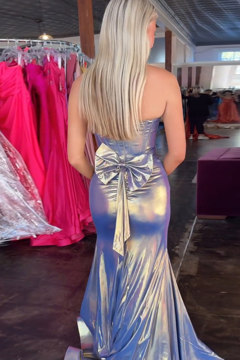 Load image into Gallery viewer, Blue Golden Strapless Metallic Mermaid Long Prom Dress with Slit