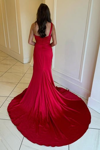 Red One Shoulder Ruched Satin Long Prom Dress with Slit