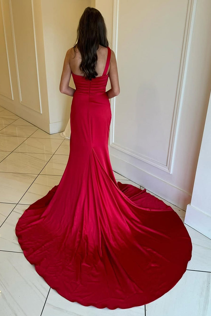 Load image into Gallery viewer, Red One Shoulder Ruched Satin Long Prom Dress with Slit