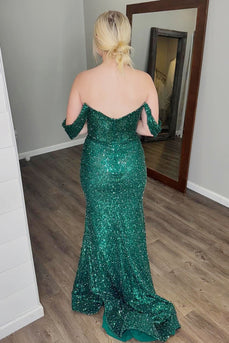 Dark Green Off the Shoulder Sparkly Long Prom Dress with Slit