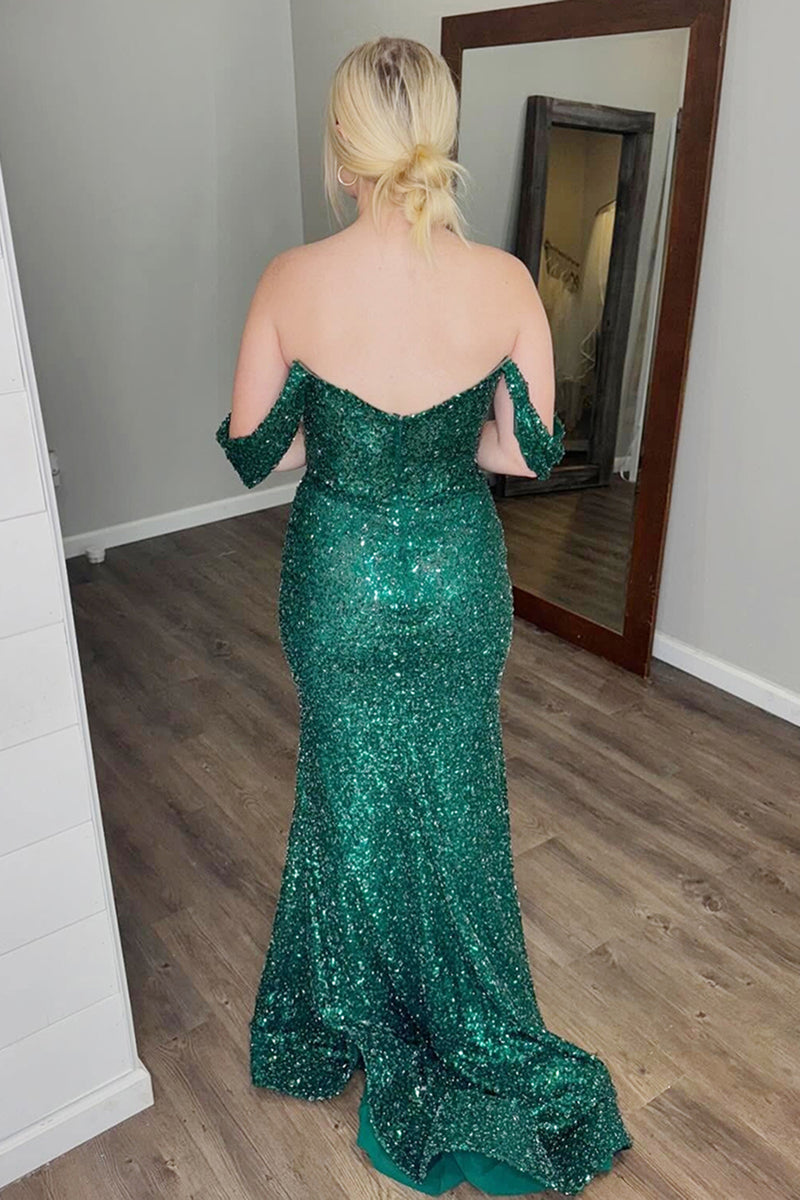 Load image into Gallery viewer, Dark Green Off the Shoulder Sparkly Long Prom Dress with Slit