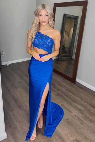 Royal Blue One Shoulder Appliqued Sheath Long Prom Dress with Slit