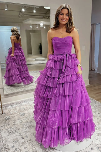 Dark Purple Strapless Tiered A Line Long Prom Dress