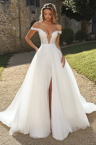 Ivory Off the Shoulder Ball Gown Lace Wedding Dress with Slit