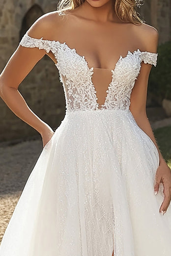 Ivory Off the Shoulder Ball Gown Lace Wedding Dress with Slit