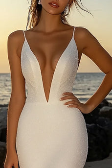 Glitter Sequins Ivory Deep V-Neck Wedding Dress with Slit