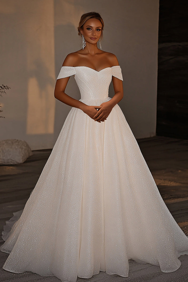 Load image into Gallery viewer, Glitter Ivory Ball Gown Off the Shoulder Backless Long Wedding Dress