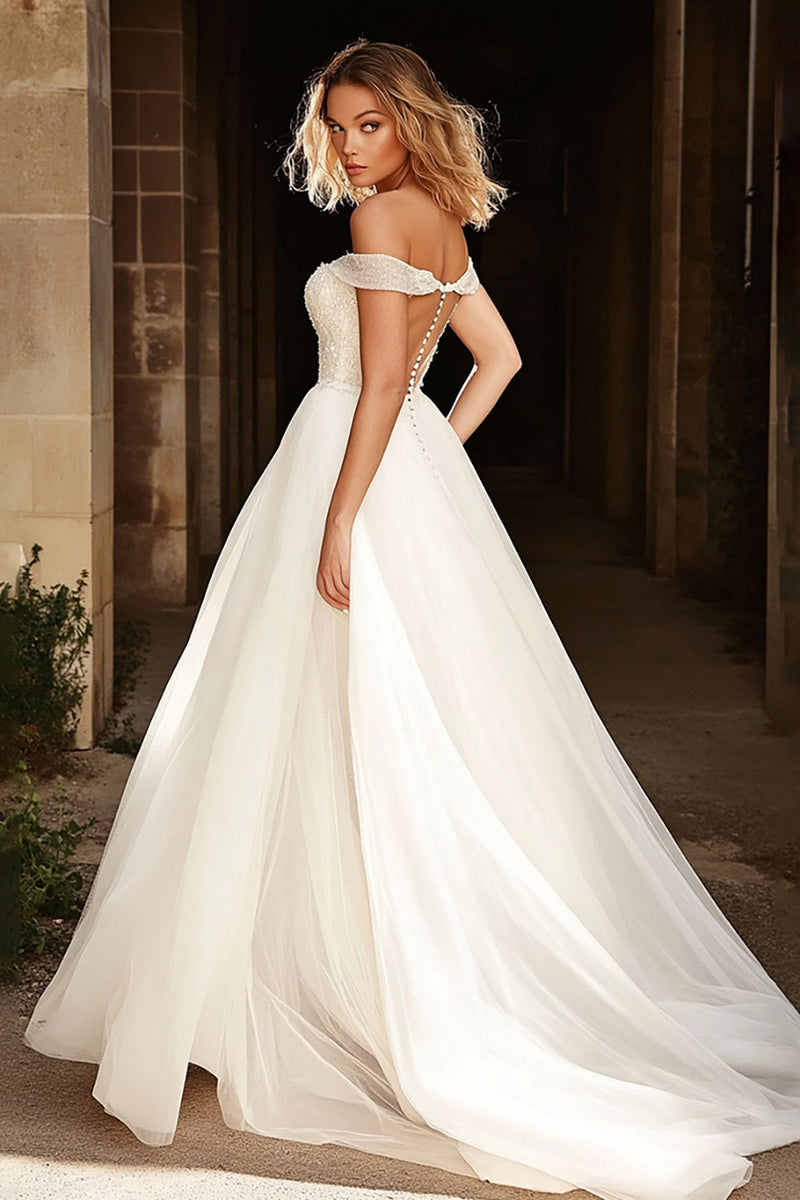 Load image into Gallery viewer, Glitter Ivory Ball Gown Off the Shoulder Backless Long Wedding Dress