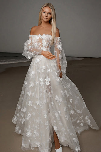 Foral Ivory A Line Sheer Lace Wedding Dress with Long Sleeves