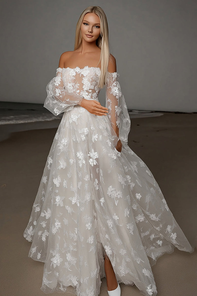 Load image into Gallery viewer, Foral Ivory A Line Sheer Lace Wedding Dress with Long Sleeves