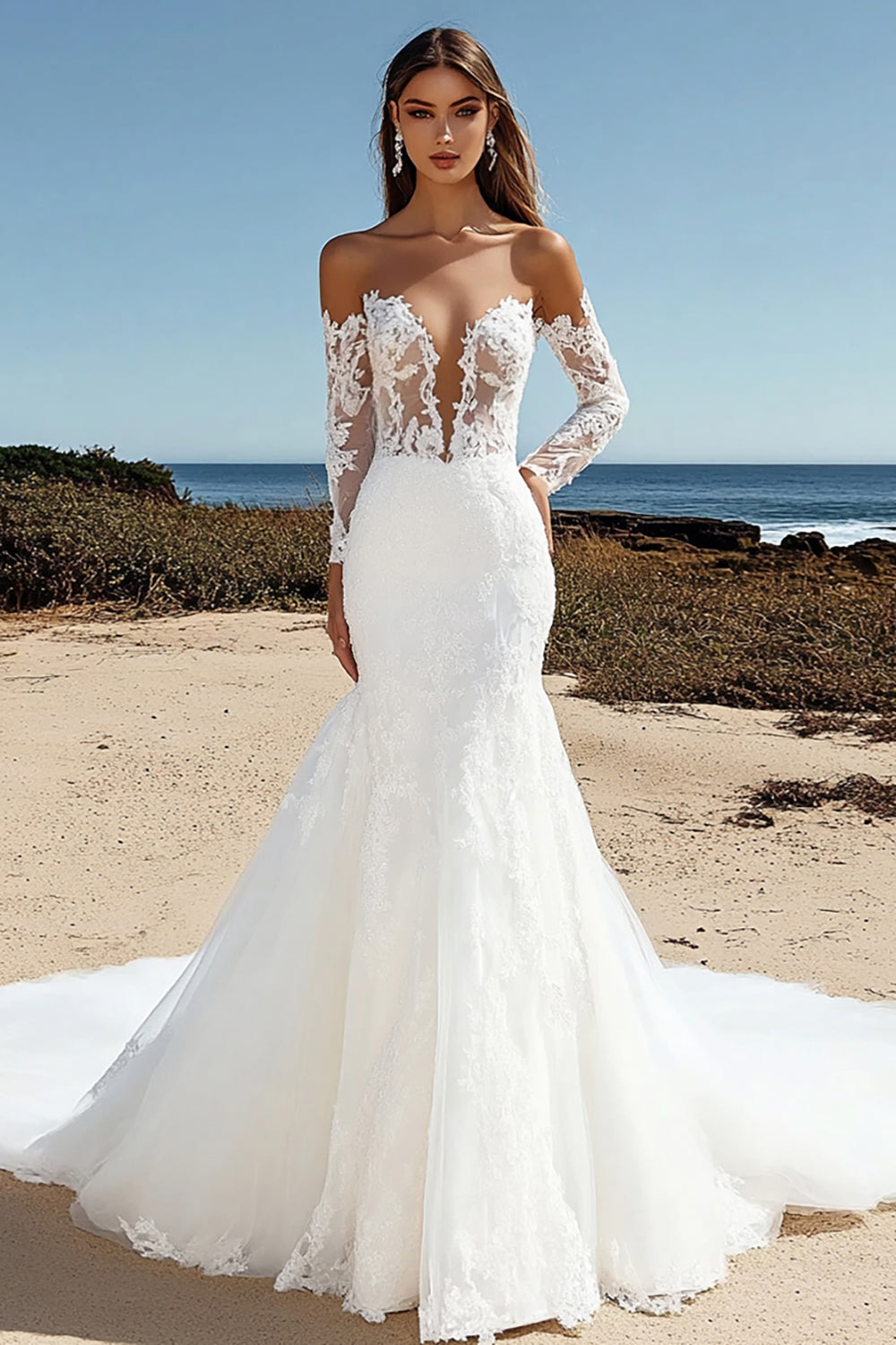 Floral Ivory Corset Long Sleeves Wedding Dress with Lace