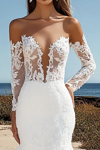 Floral Ivory Corset Long Sleeves Wedding Dress with Lace