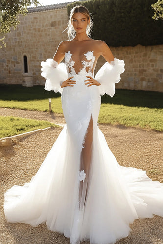 3D Flowers Ivory Strapless Long Wedding Dress with Slit