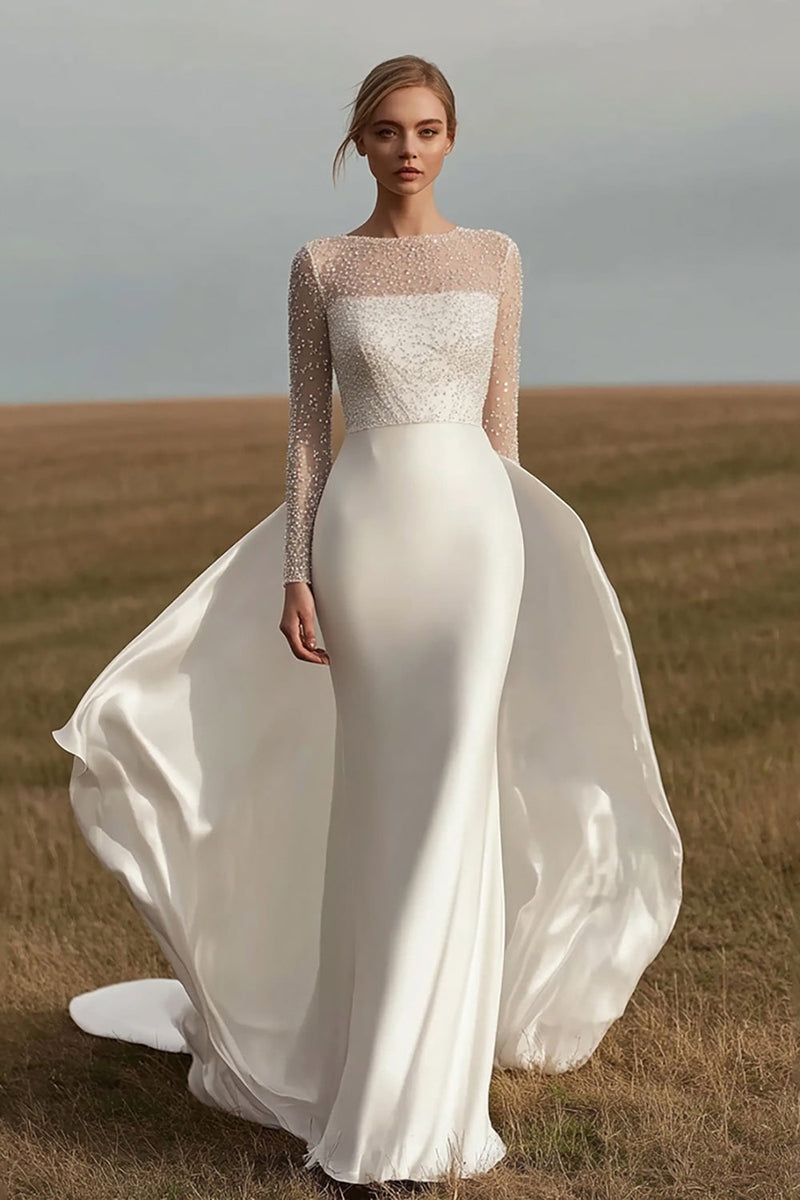 Load image into Gallery viewer, Ivory Satin Sheath Long Sleeves Wedding Dress with Back Cape