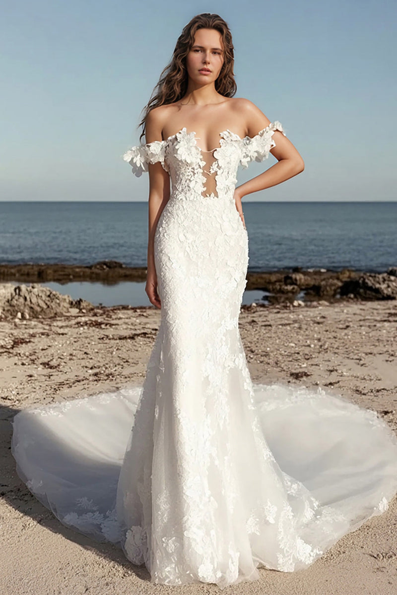 Load image into Gallery viewer, Off the Shoulder Ivory Lace Appliques Sheath Wedding Dress