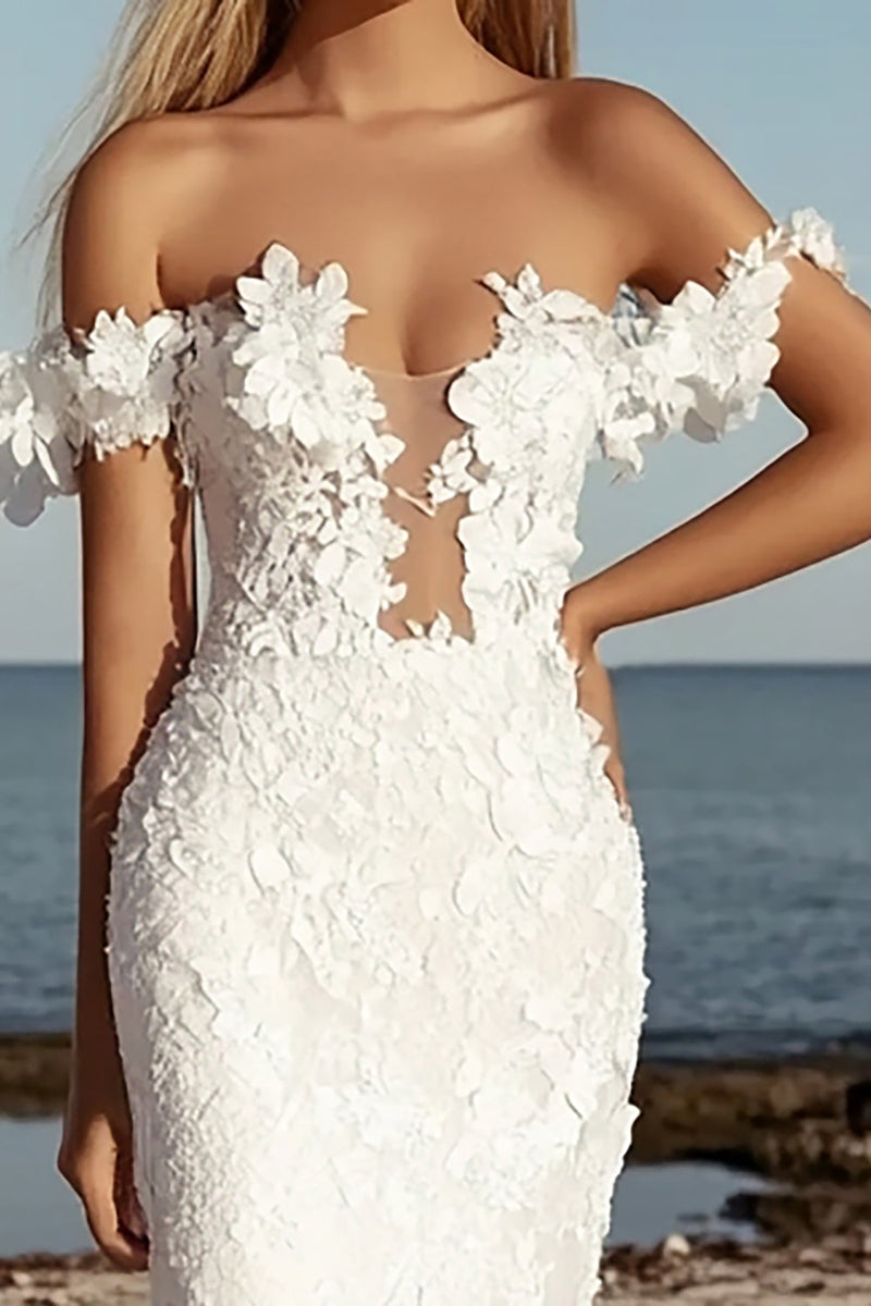 Load image into Gallery viewer, Off the Shoulder Ivory Lace Appliques Sheath Wedding Dress