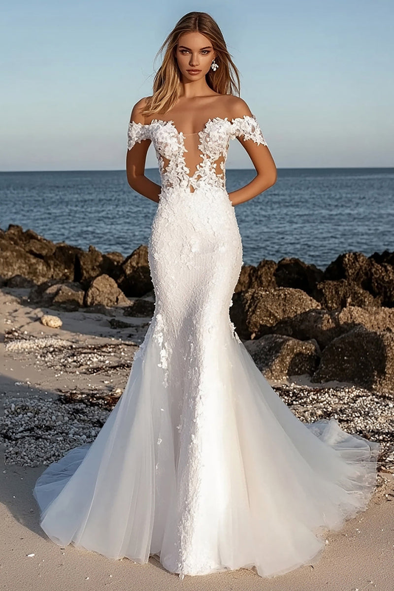 Load image into Gallery viewer, Floral Ivory Mermaid Off the Shoulder Wedding Dress with Lace