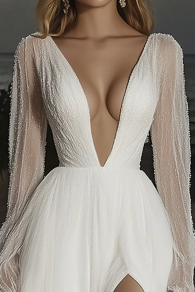 Load image into Gallery viewer, Deep V-Neck Ivory Long Sleeves Tulle Wedding Dress with Slit