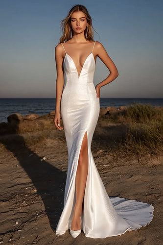 Sparkly Ivory V-Neck Long Court Train Wedding Dress with Slit