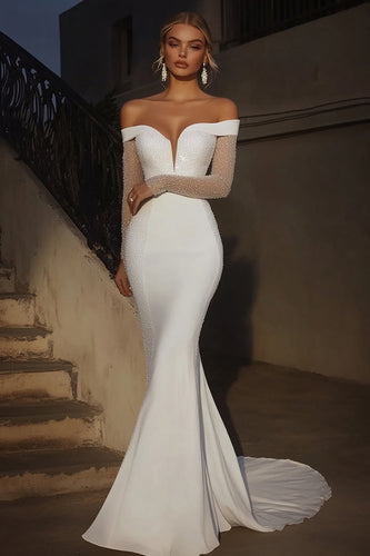 Glitter Mermaid Ivory Off the Shoulder Long Wedding Dress with Long Sleeves