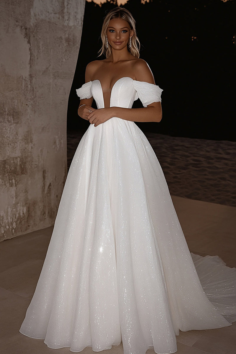 Load image into Gallery viewer, Ivory Glitter Off the Shoulder A Line Sweep Train Wedding Dress