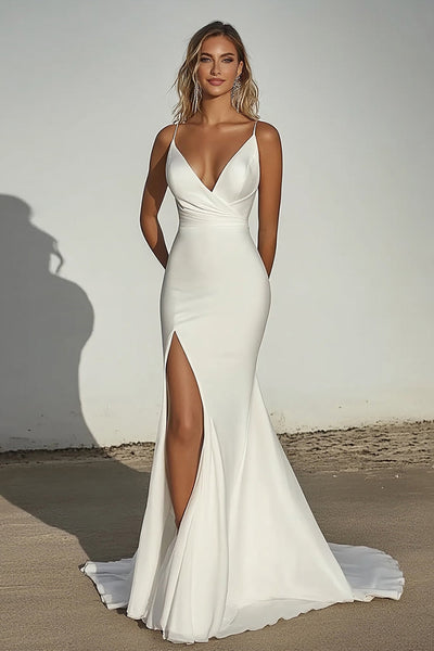 Ivory V-Neck Matte Satin Mermaid Wedding Dress with Slit