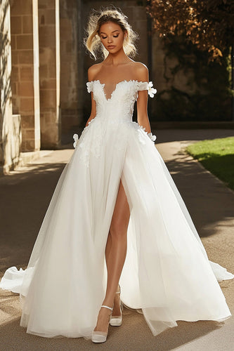 Ivory Appliques Off the Shoulder Tulle A Line Wedding Dress with Slit