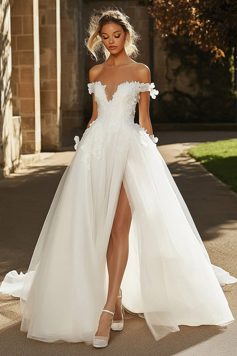 Load image into Gallery viewer, Ivory Appliques Off the Shoulder Tulle A Line Wedding Dress with Slit