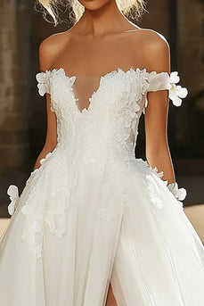 Ivory Appliques Off the Shoulder Tulle A Line Wedding Dress with Slit