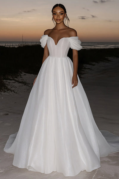 Ivory A Line Off the Shoulder Organza Wedding Dress with Drape