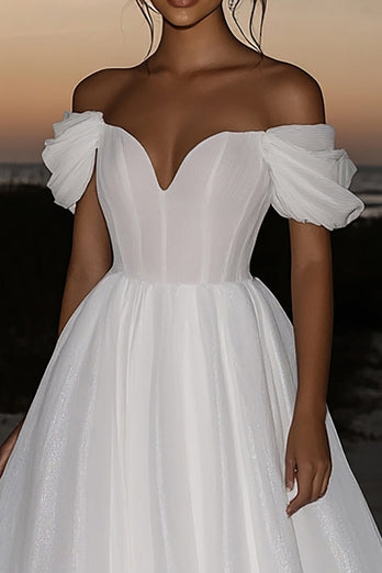 Ivory A Line Off the Shoulder Organza Wedding Dress with Drape