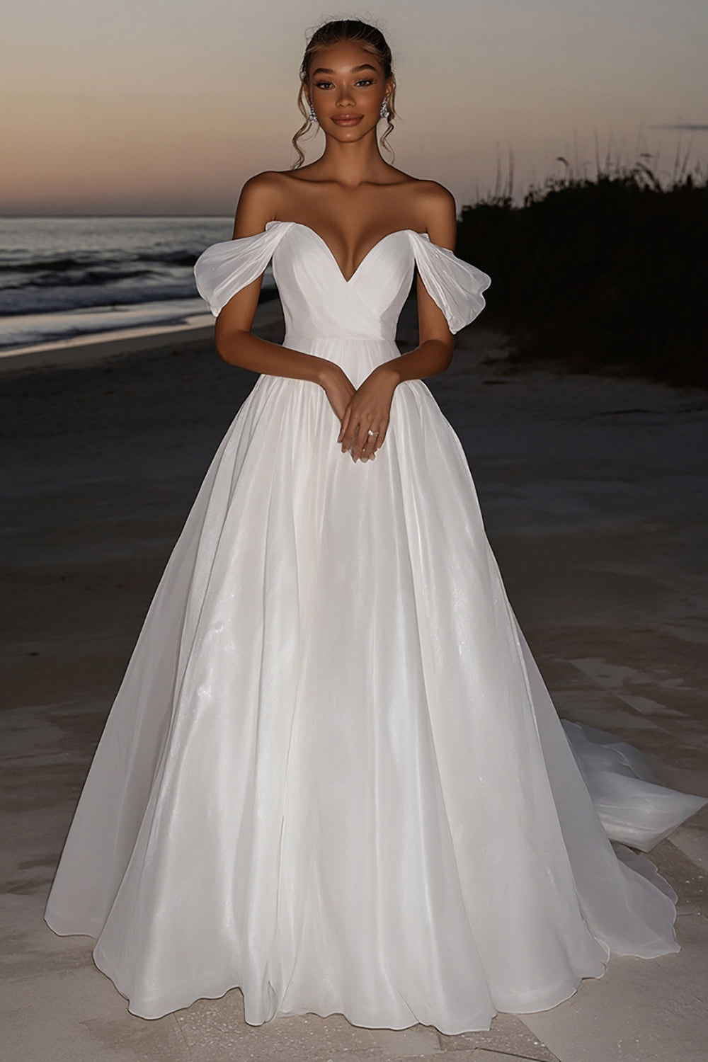 Ivory Taffeta Off the Shoulder A Line Long Wedding Dress